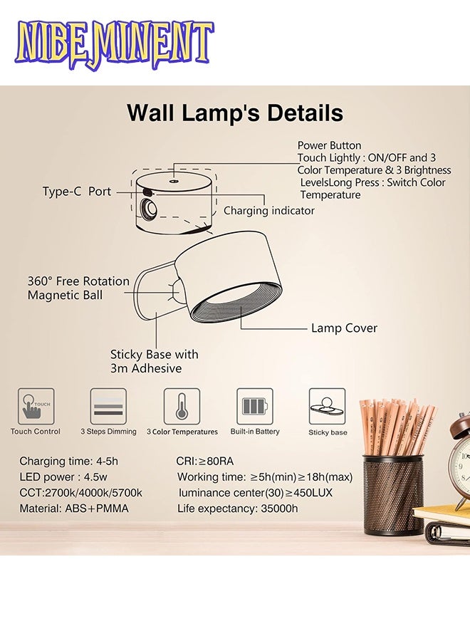 NIBEMINENT LED Reading Lights, Wall Mounted Sconces with 3 Color Temperatures & 3 Brightness Levels Rechargeable Battery Magnetic Ball 360°Rotation Remote &Touch Control - Image 4